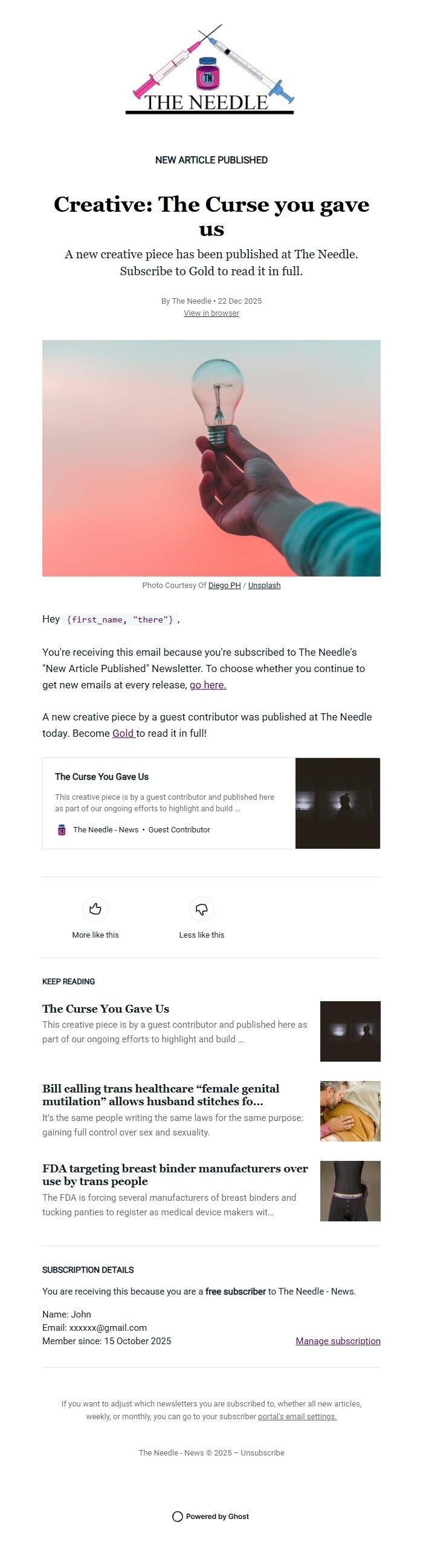 Screenshot of the email generated on import