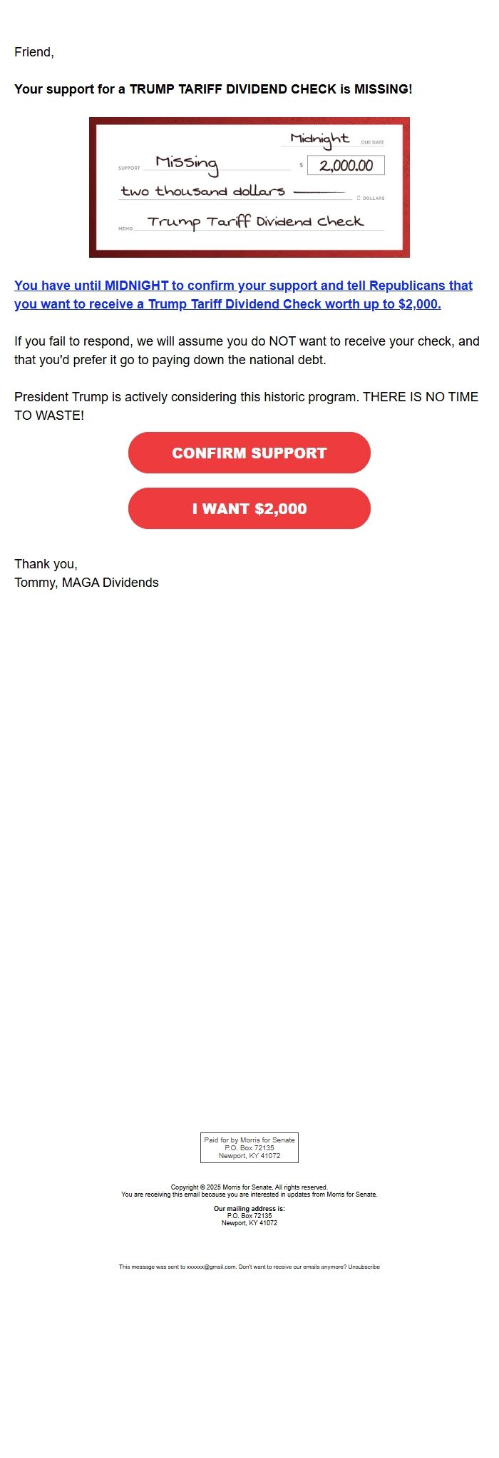 Screenshot of the email generated on import