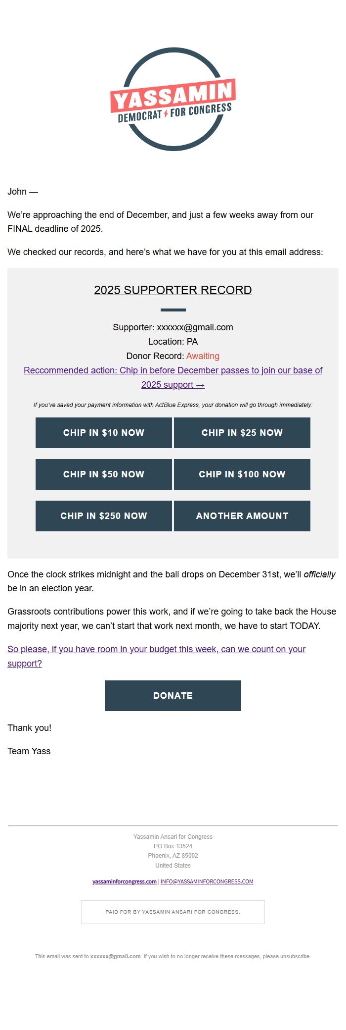 Screenshot of the email generated on import