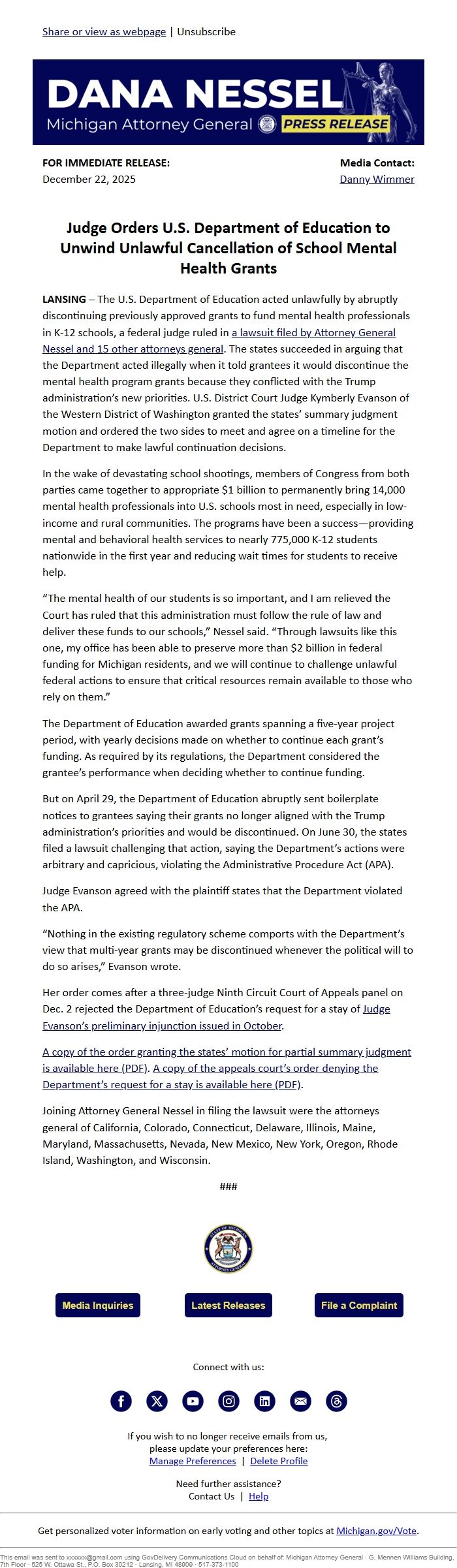 Screenshot of the email generated on import