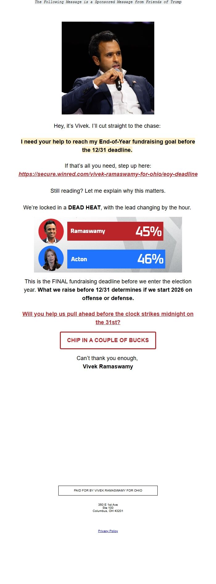 Screenshot of the email generated on import