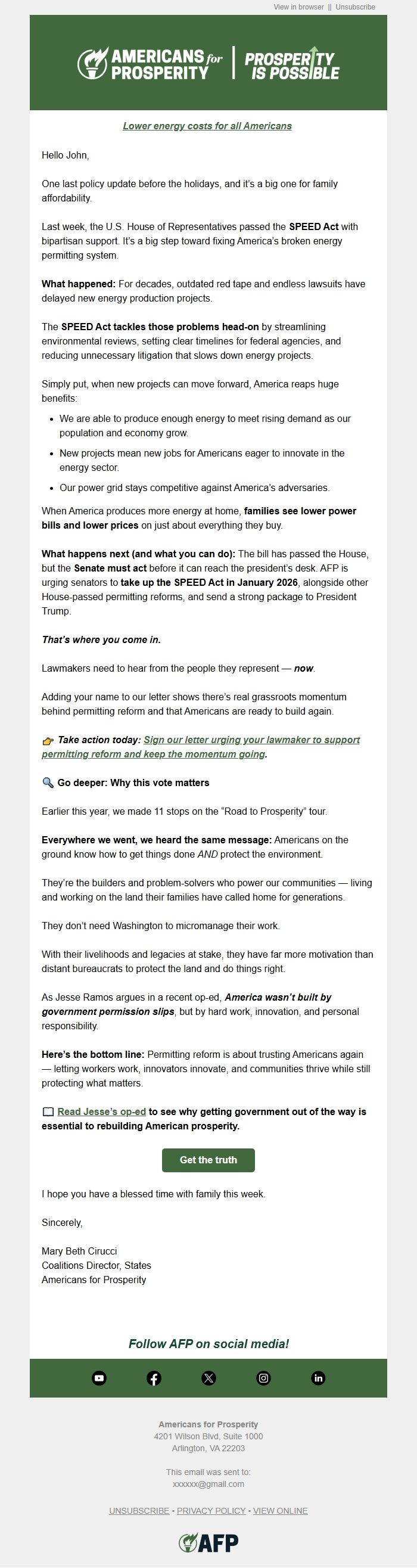 Screenshot of the email generated on import