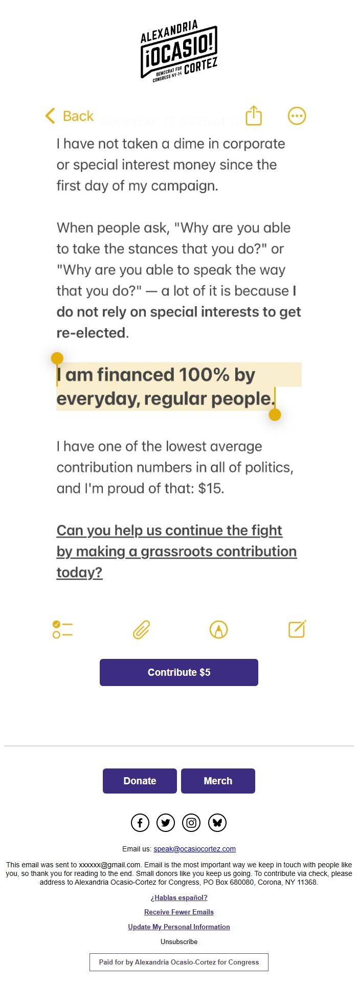 Screenshot of the email generated on import