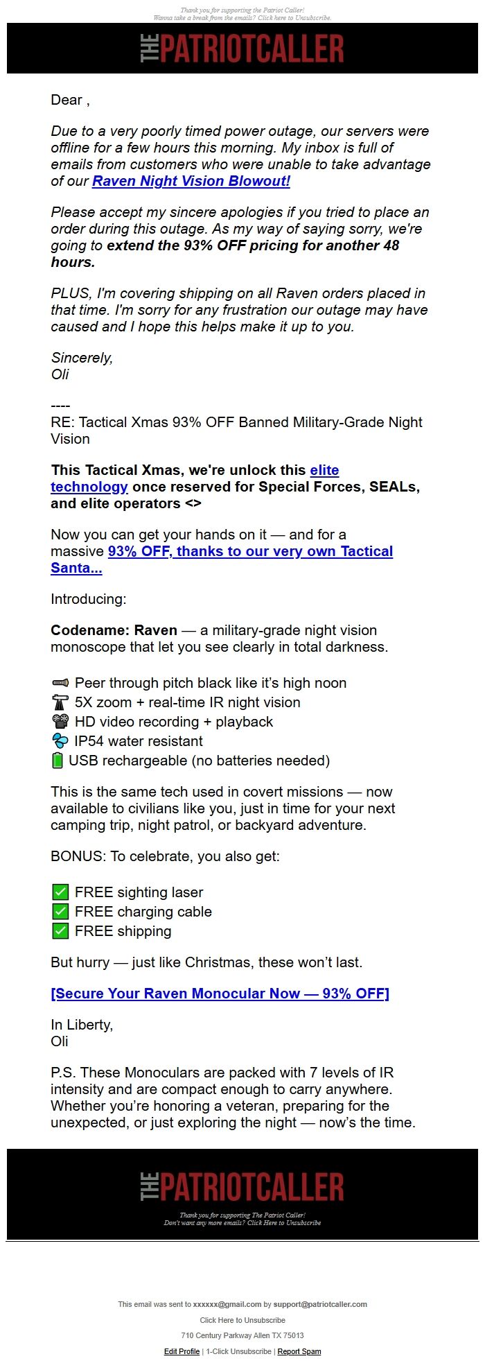 Screenshot of the email generated on import