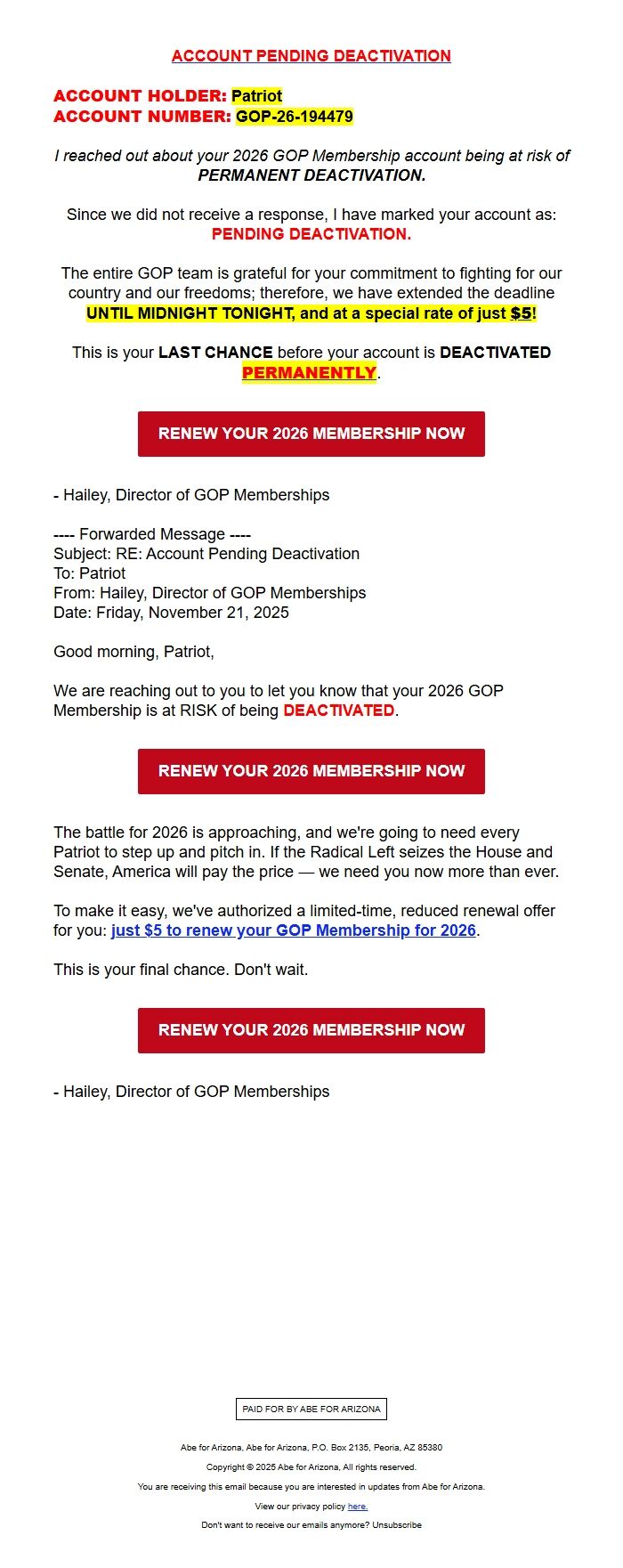 Screenshot of the email generated on import