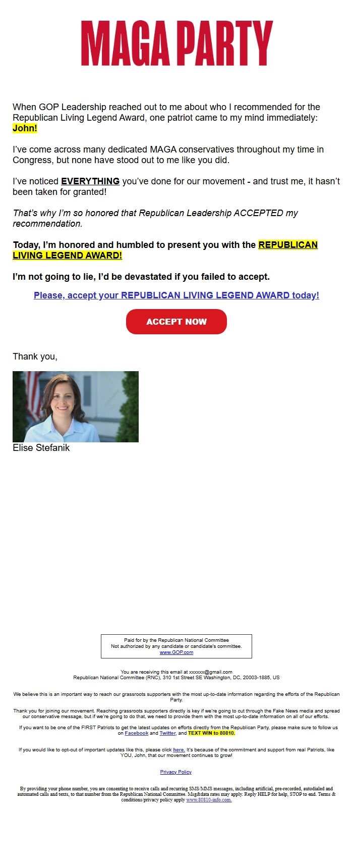 Screenshot of the email generated on import