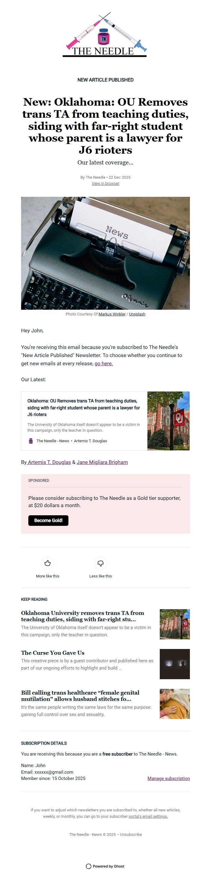 Screenshot of the email generated on import