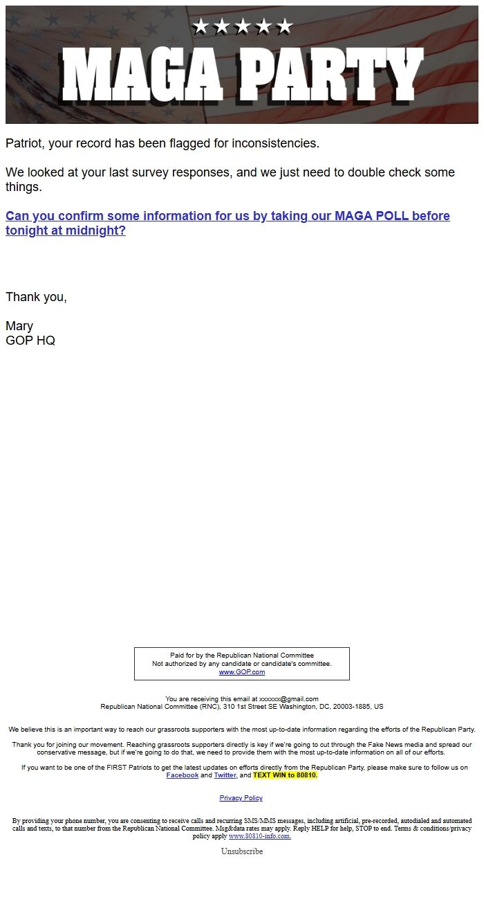 Screenshot of the email generated on import
