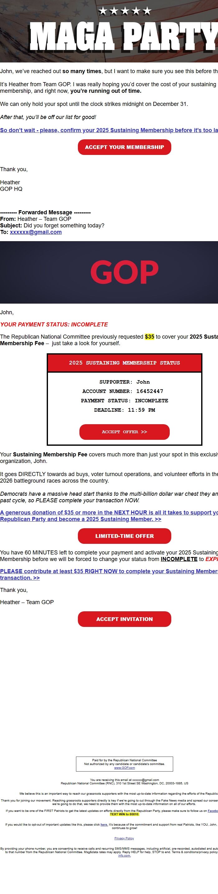 Screenshot of the email generated on import