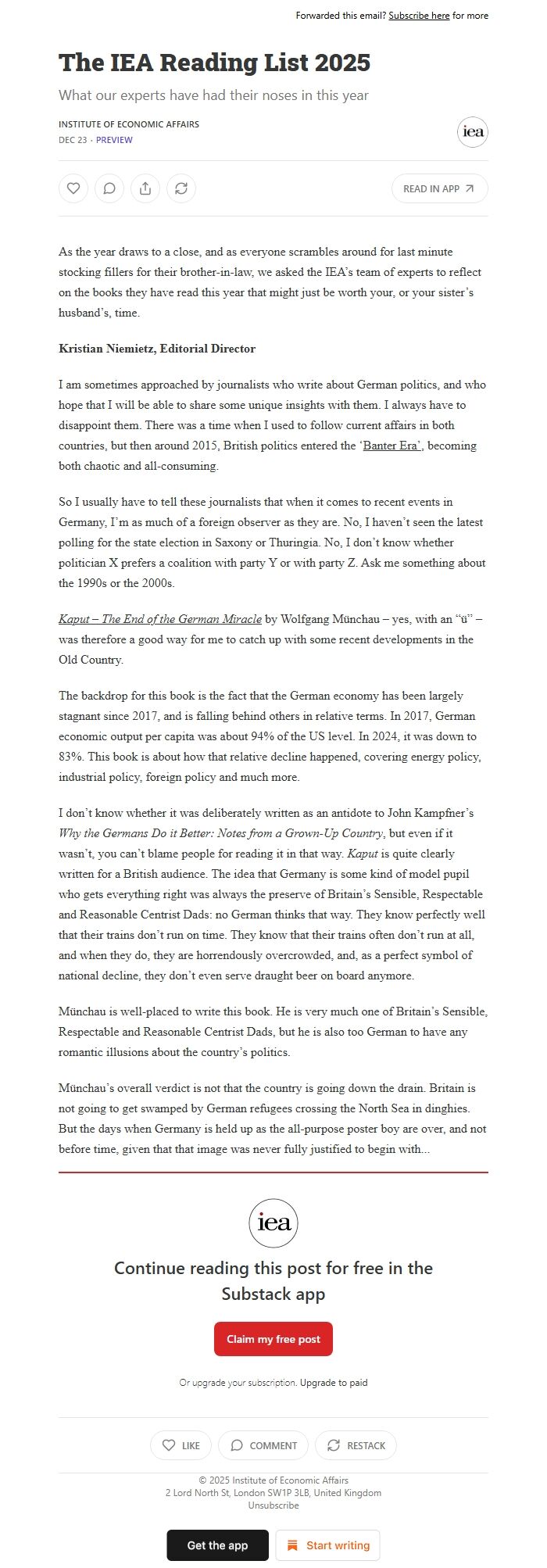 Screenshot of the email generated on import