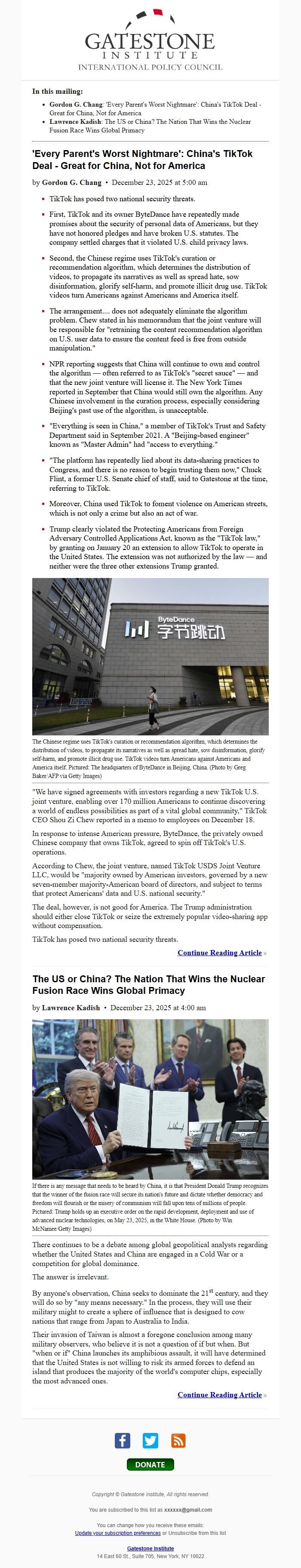 Screenshot of the email generated on import