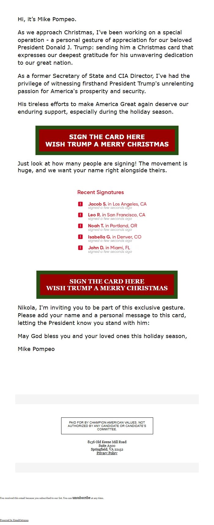 Screenshot of the email generated on import