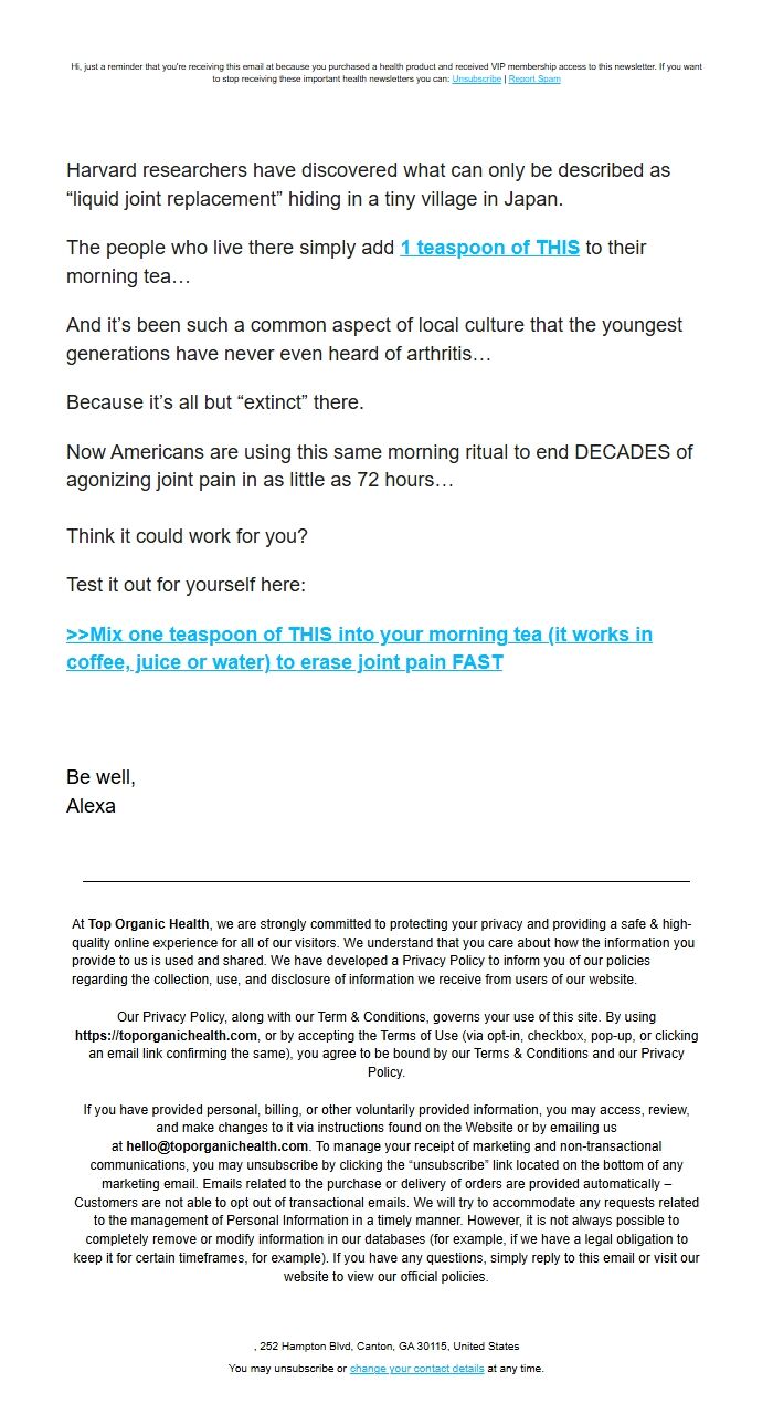 Screenshot of the email generated on import