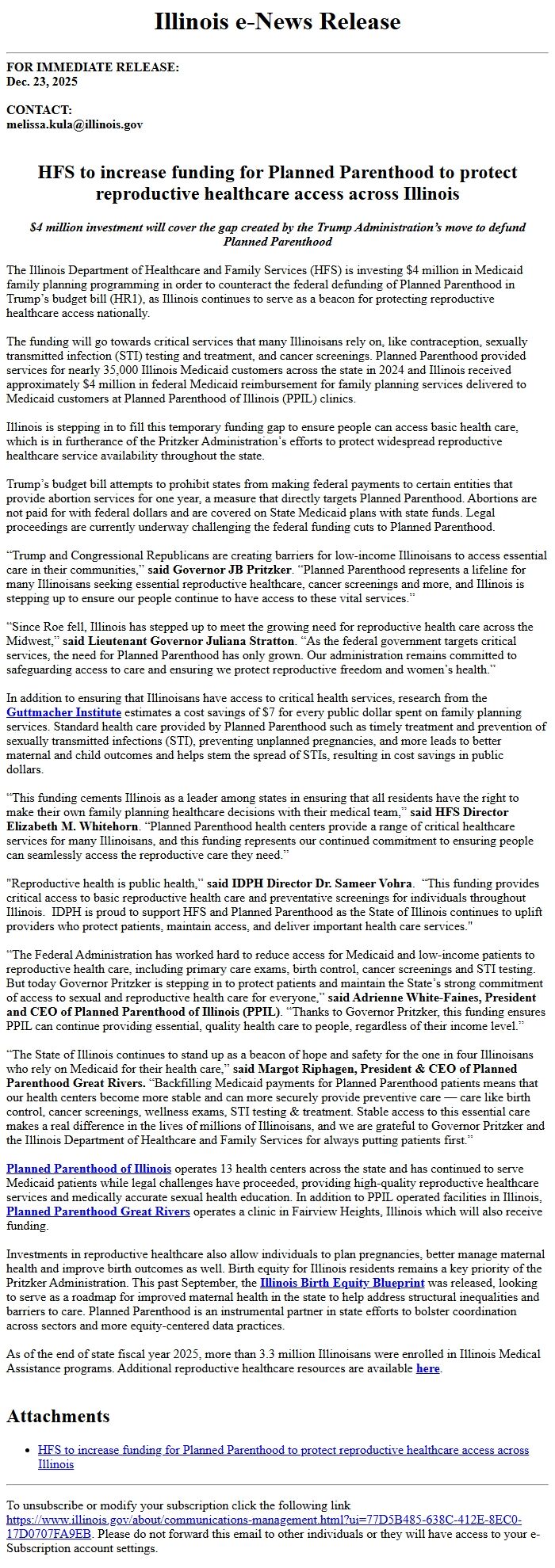 Screenshot of the email generated on import