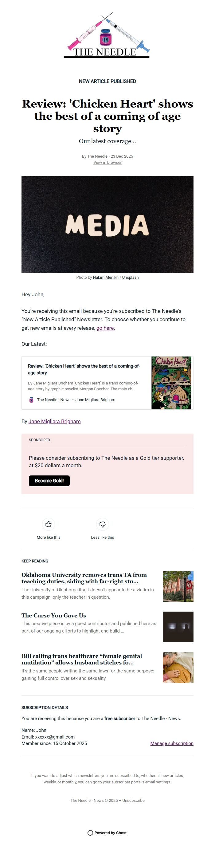 Screenshot of the email generated on import