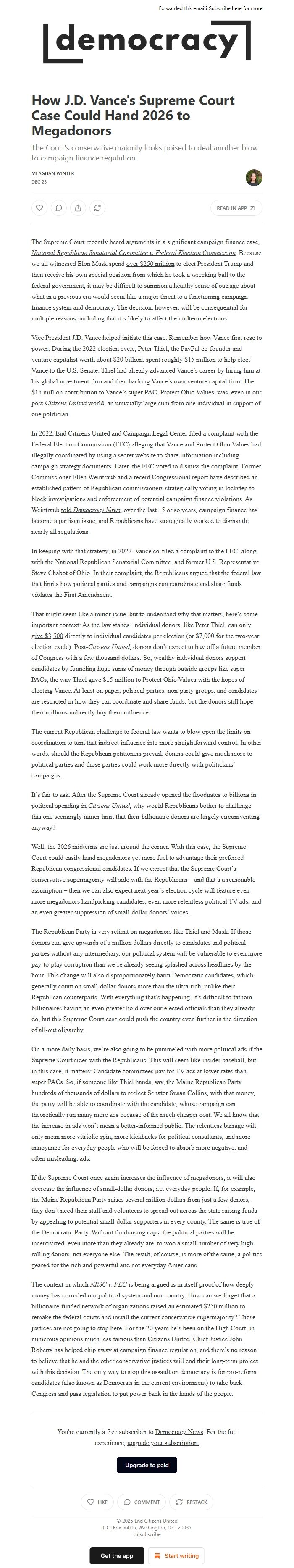 Screenshot of the email generated on import