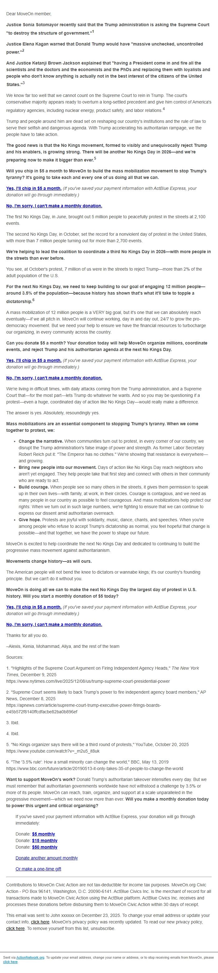 Screenshot of the email generated on import