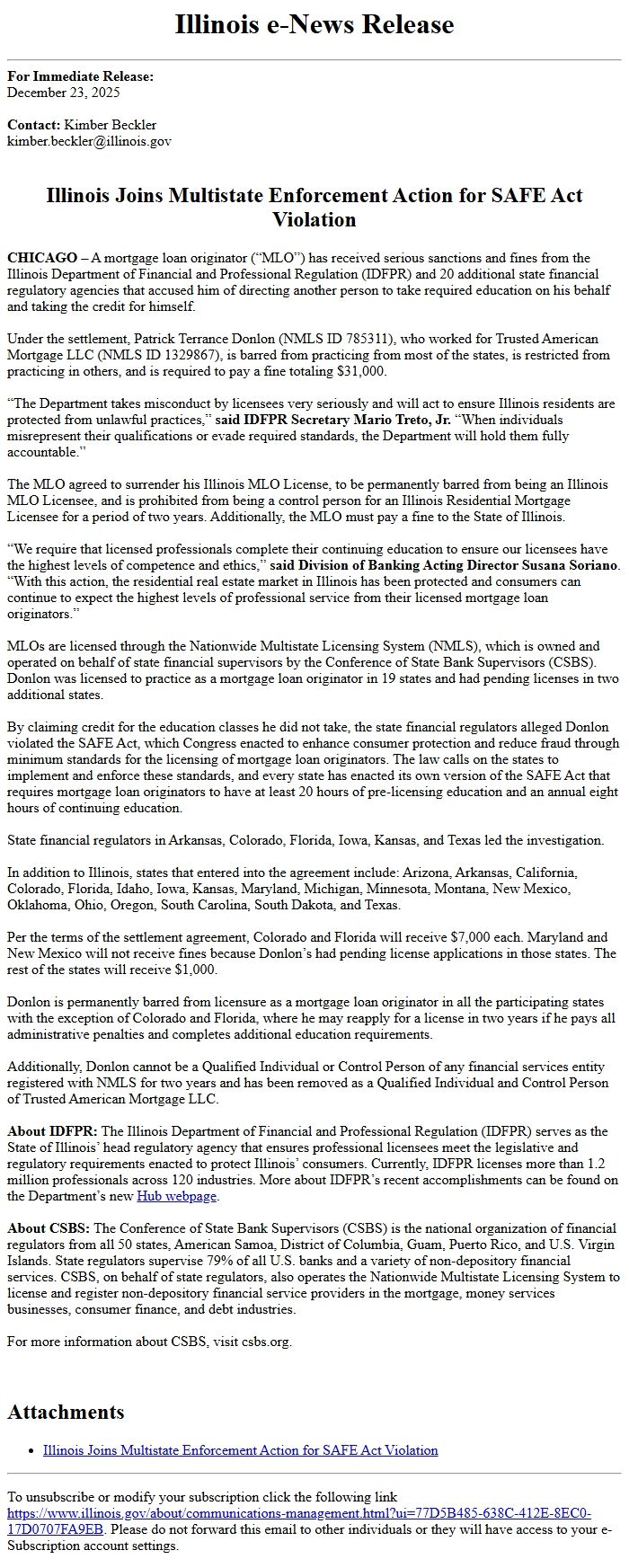 Screenshot of the email generated on import