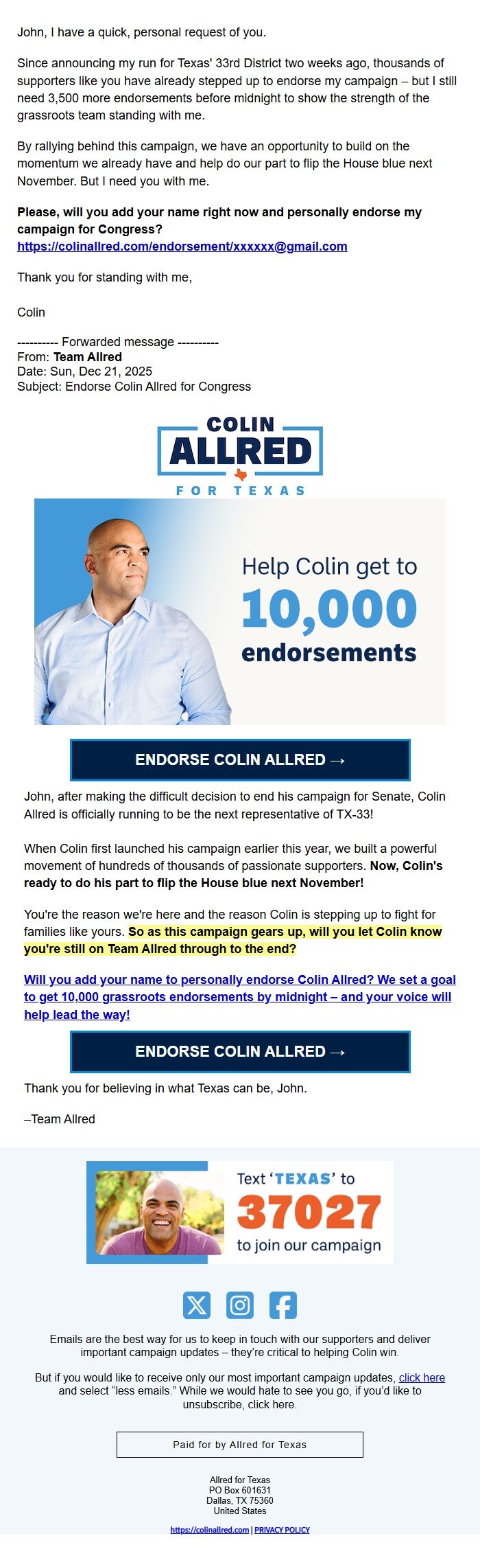 Screenshot of the email generated on import