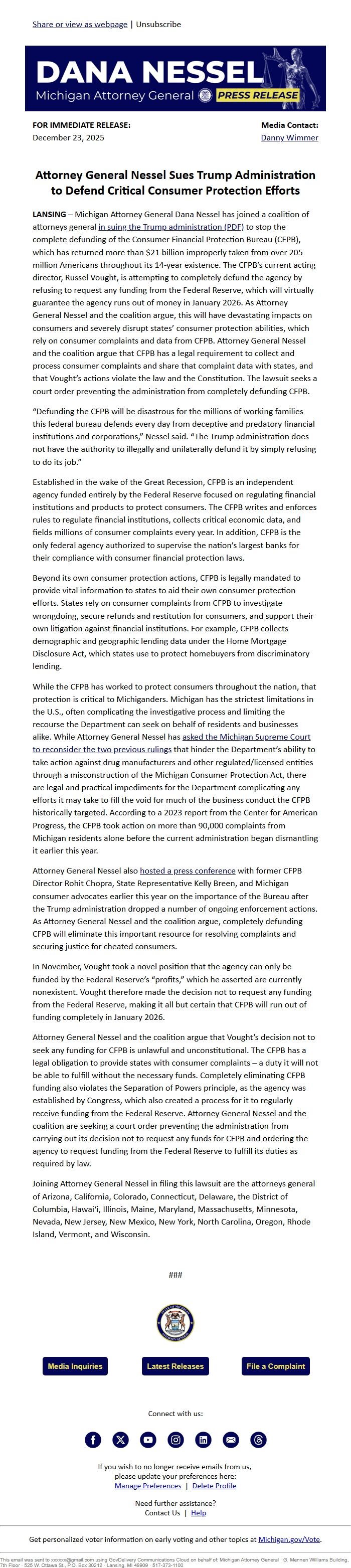 Screenshot of the email generated on import