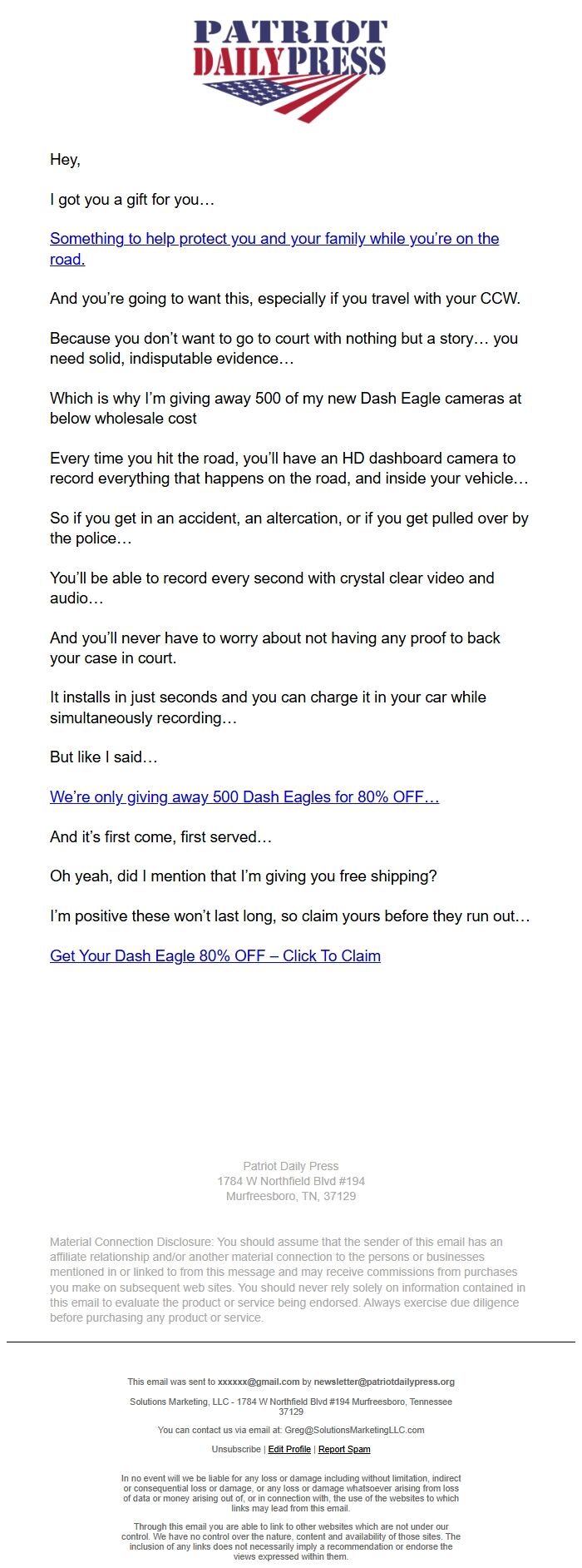 Screenshot of the email generated on import