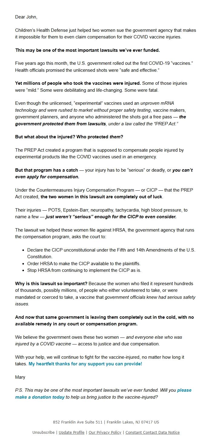 Screenshot of the email generated on import