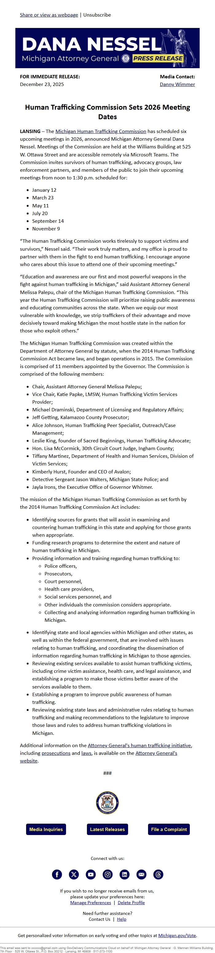 Screenshot of the email generated on import