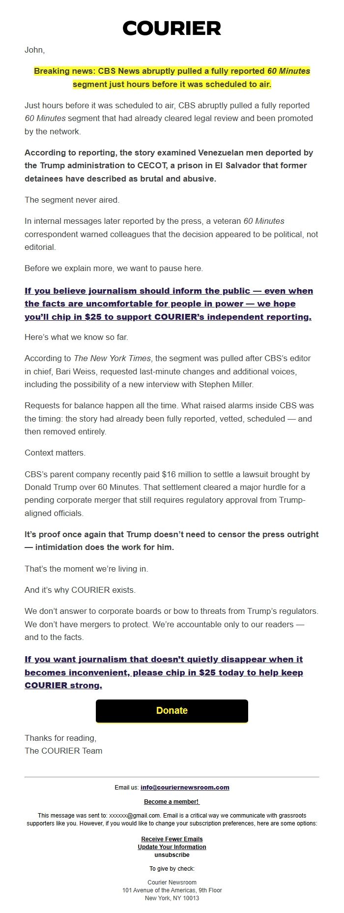 Screenshot of the email generated on import