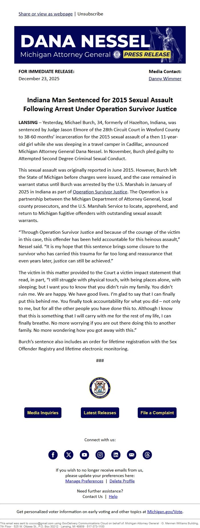 Screenshot of the email generated on import