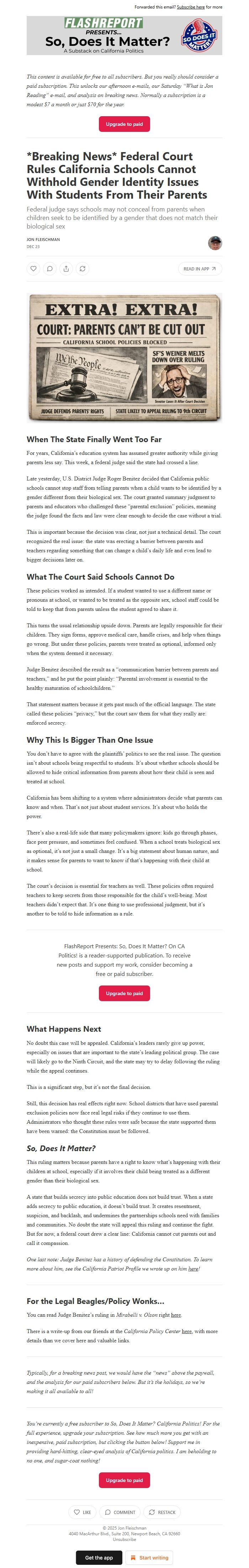 Screenshot of the email generated on import