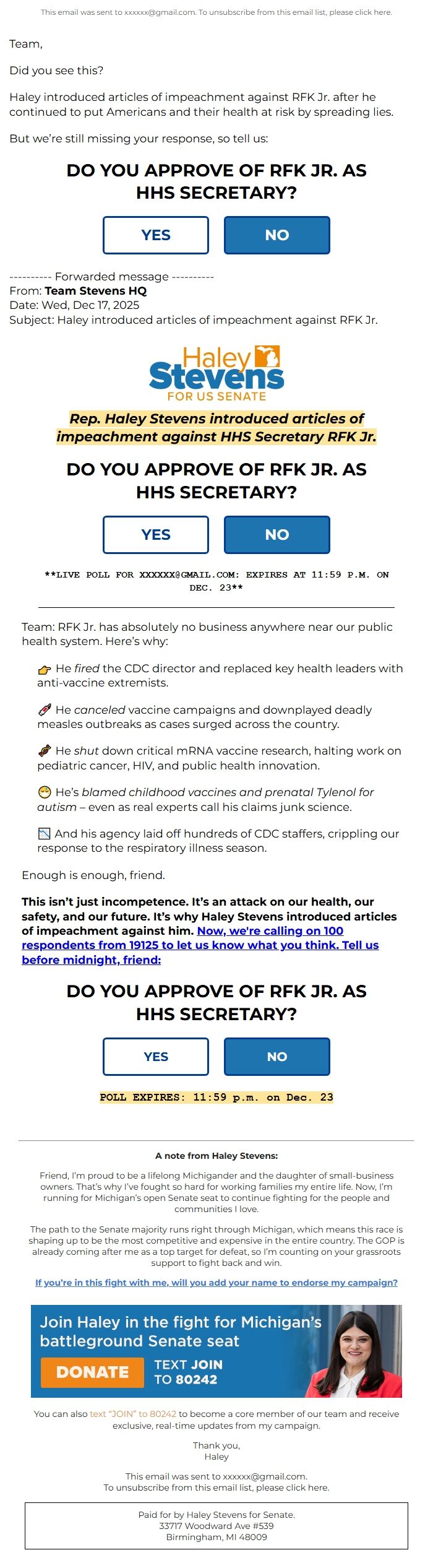 Screenshot of the email generated on import