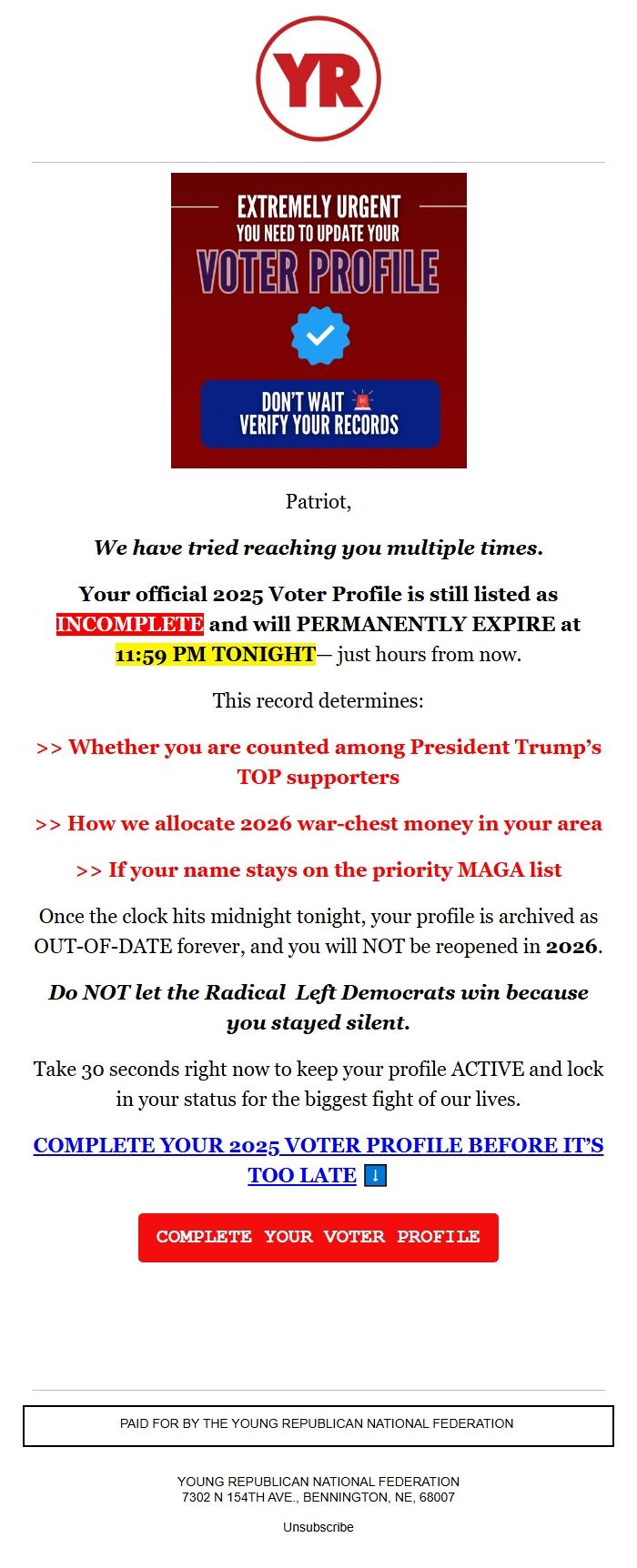 Screenshot of the email generated on import