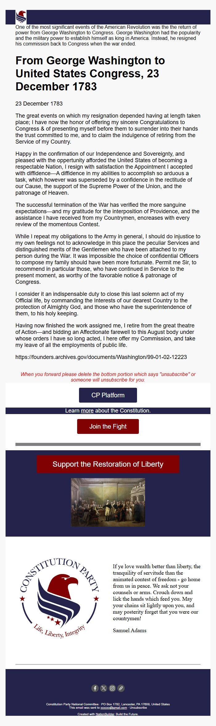 Screenshot of the email generated on import