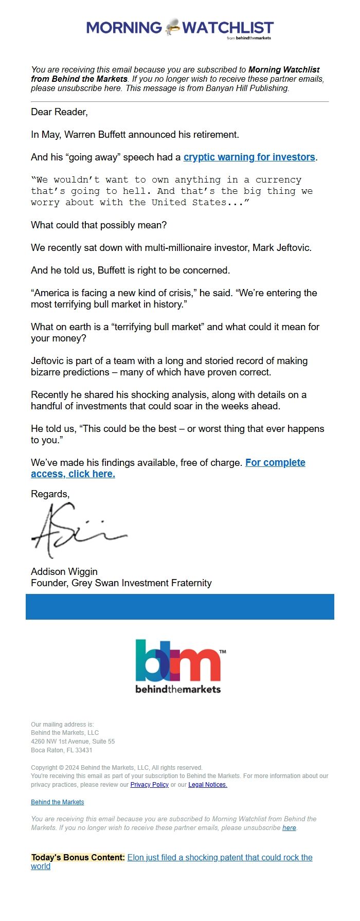 Screenshot of the email generated on import