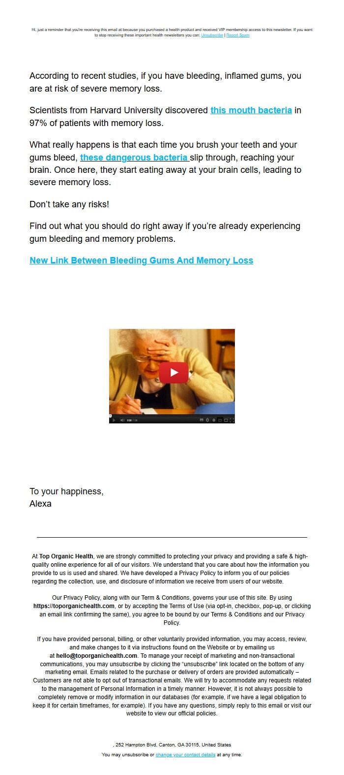 Screenshot of the email generated on import