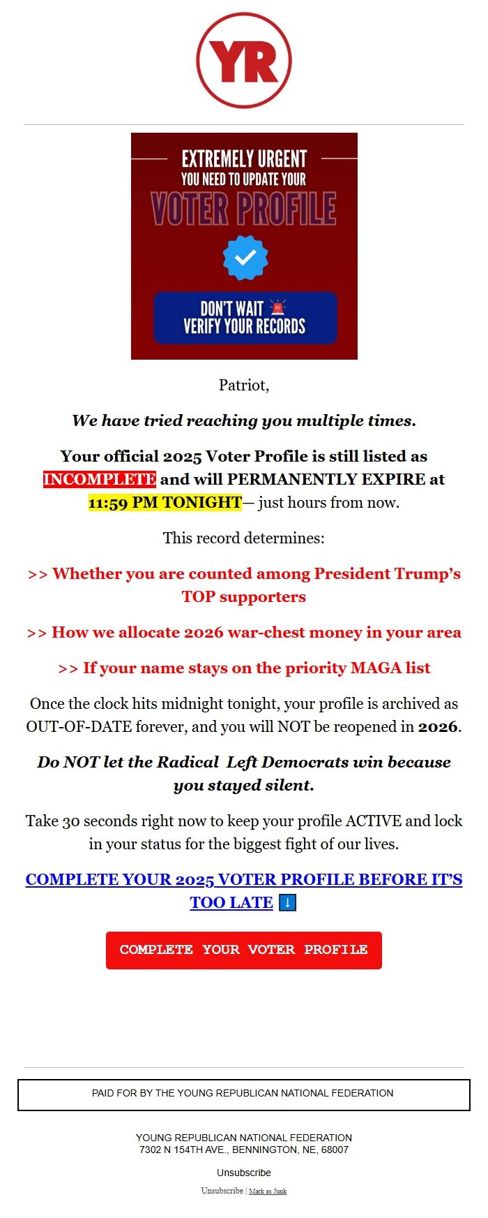 Screenshot of the email generated on import