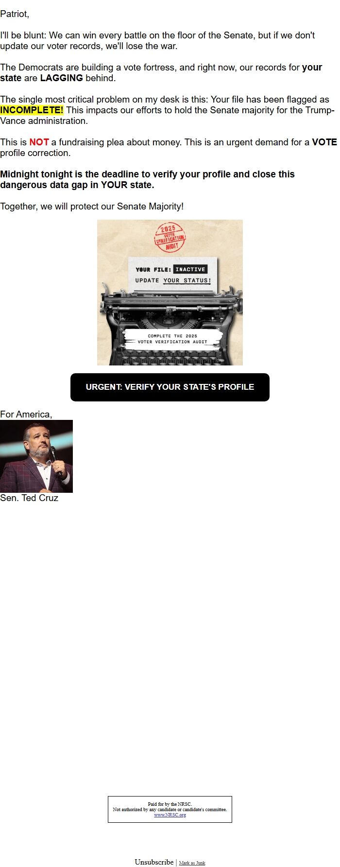 Screenshot of the email generated on import