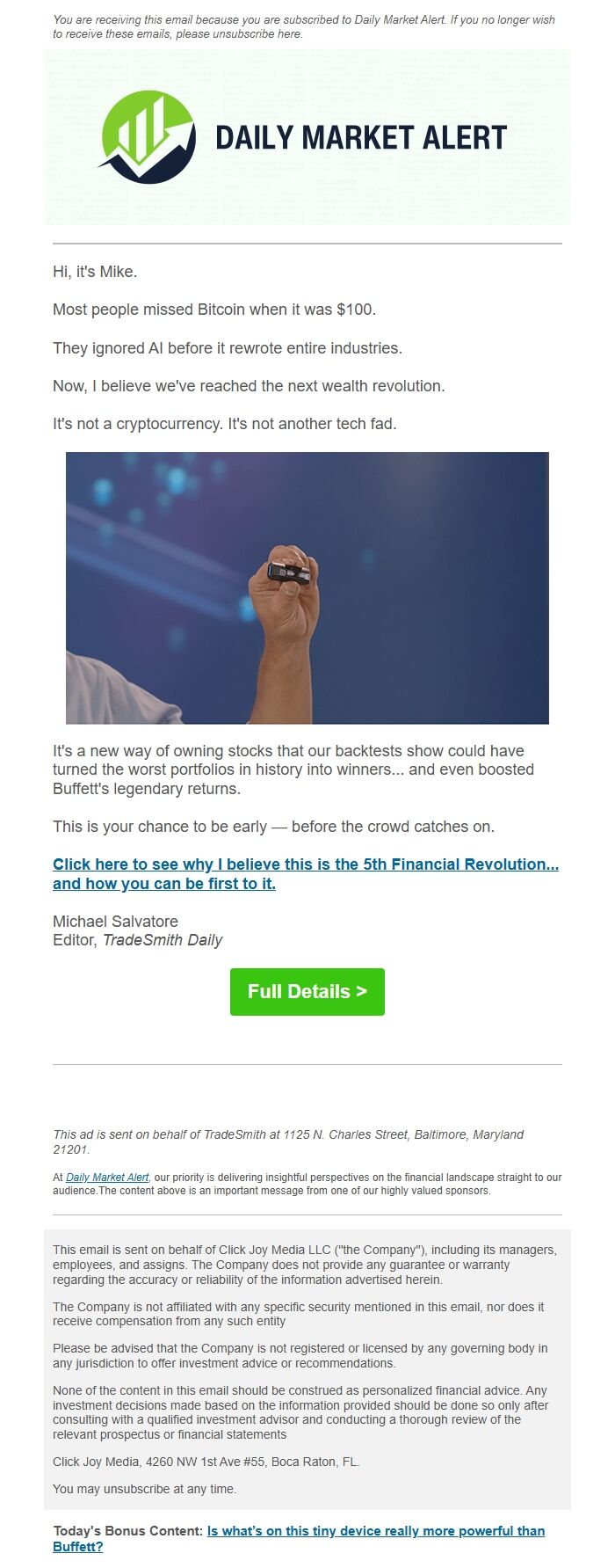 Screenshot of the email generated on import