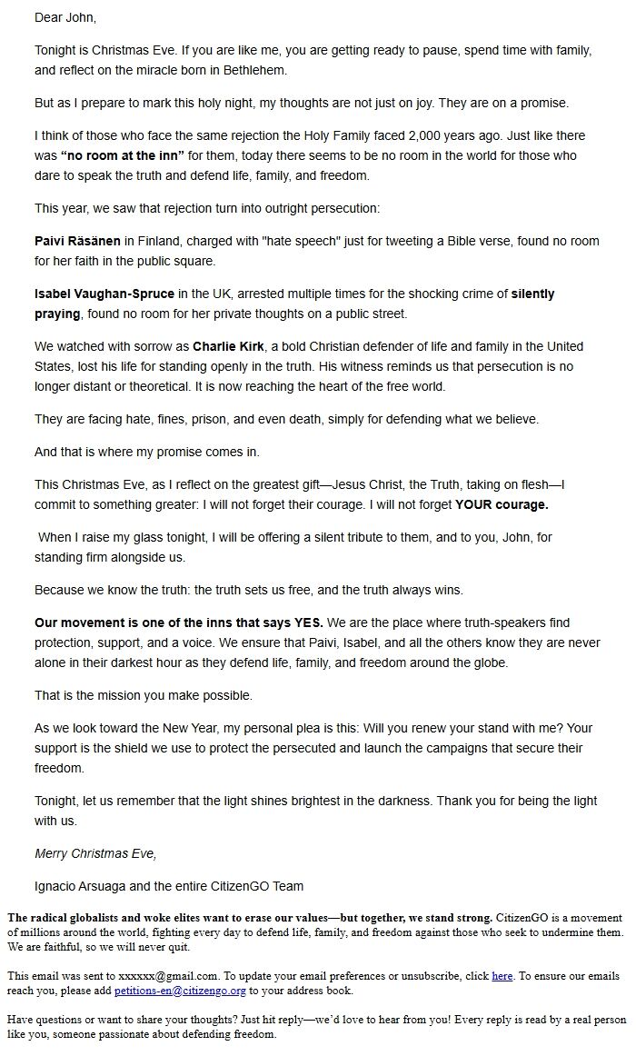 Screenshot of the email generated on import