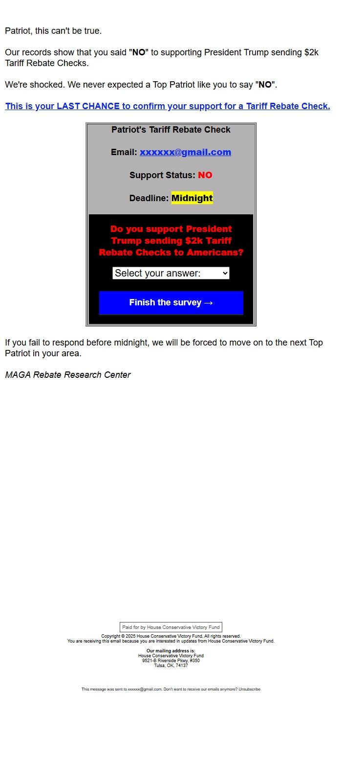 Screenshot of the email generated on import