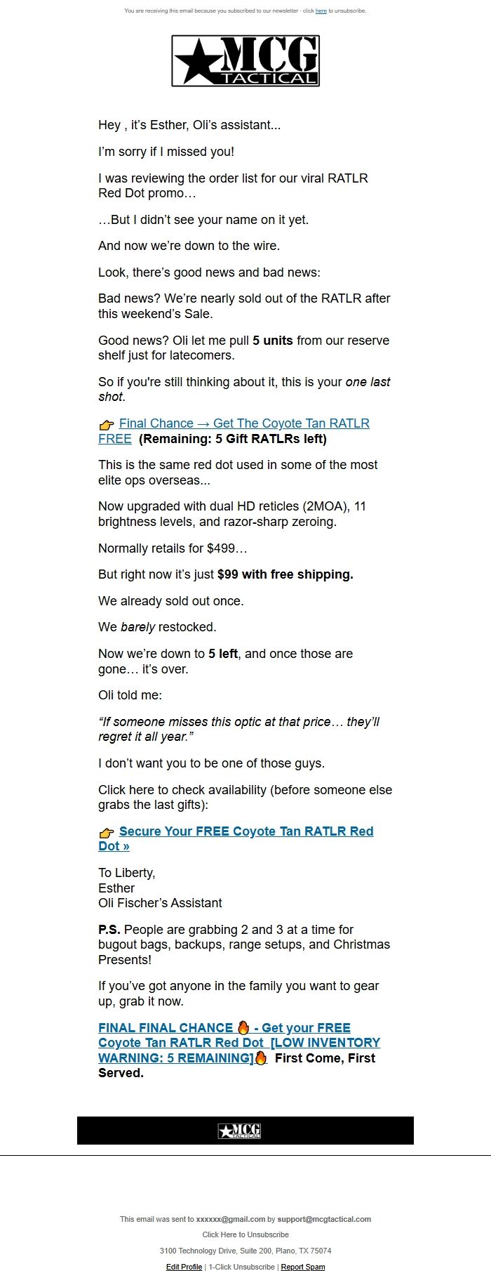 Screenshot of the email generated on import