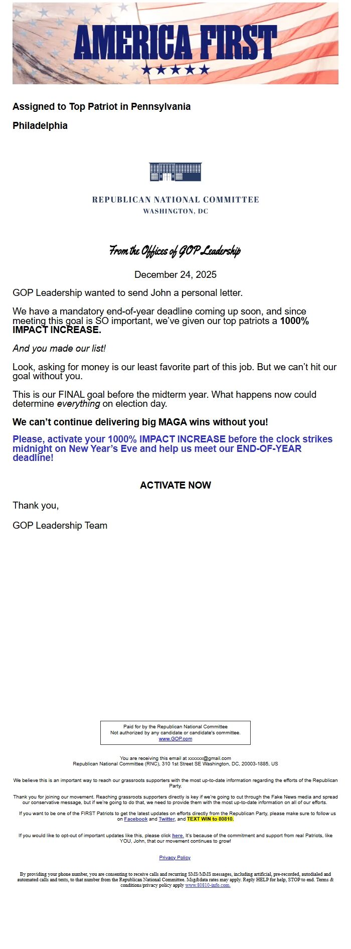 Screenshot of the email generated on import