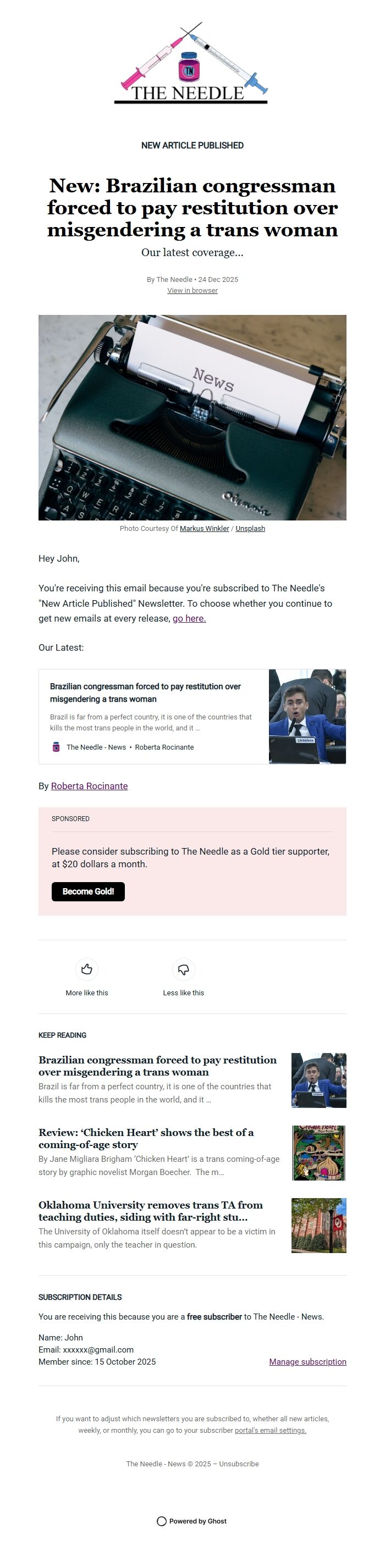 Screenshot of the email generated on import