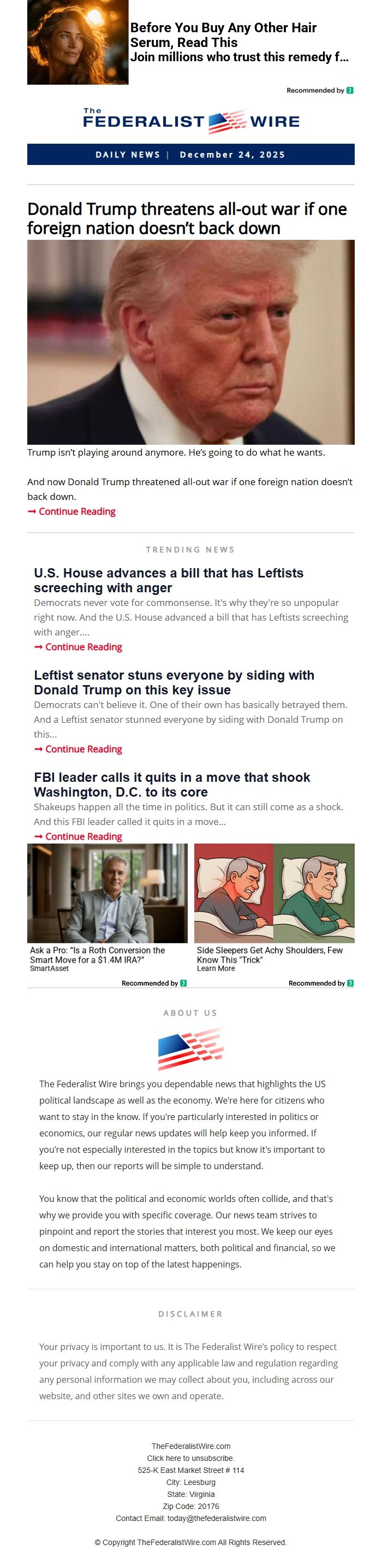 Screenshot of the email generated on import