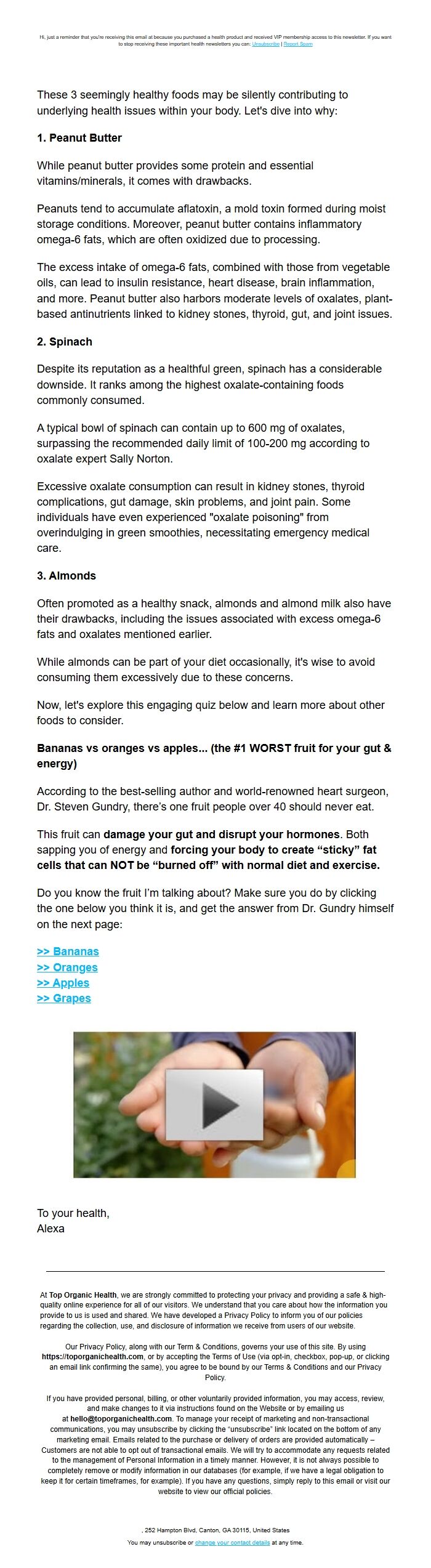 Screenshot of the email generated on import