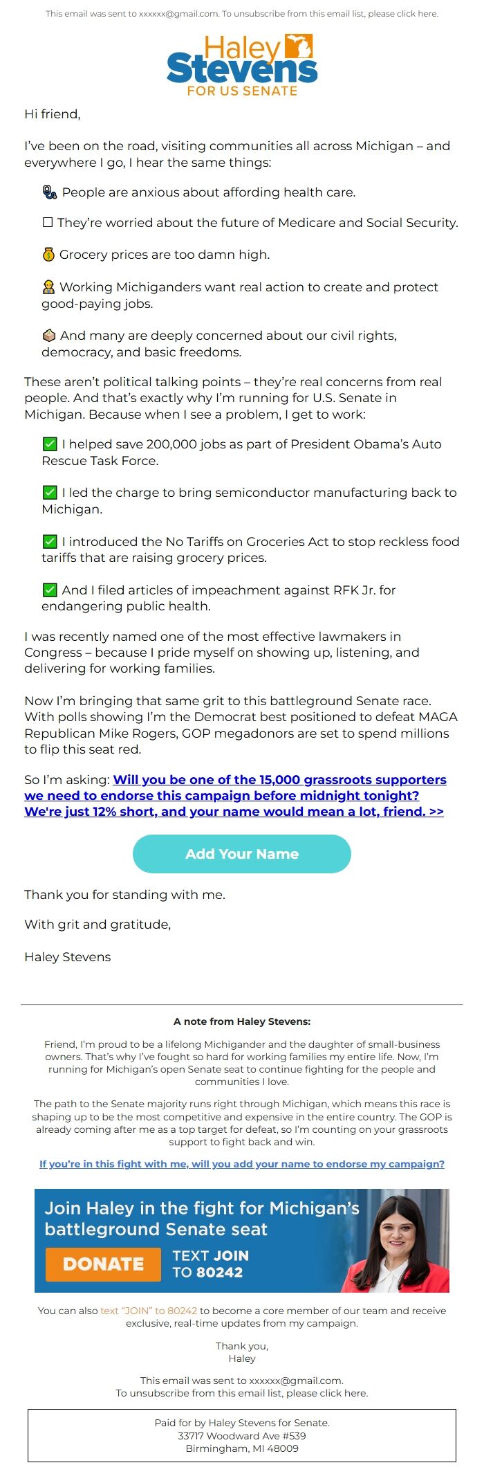 Screenshot of the email generated on import