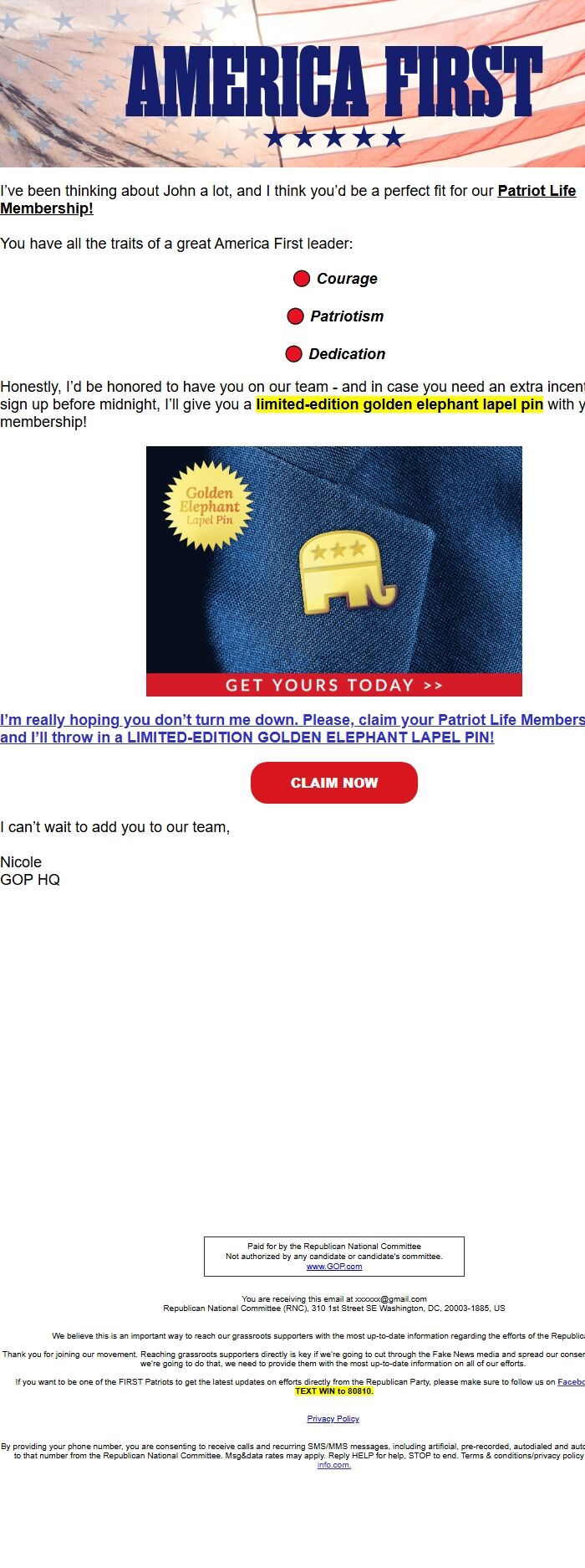 Screenshot of the email generated on import