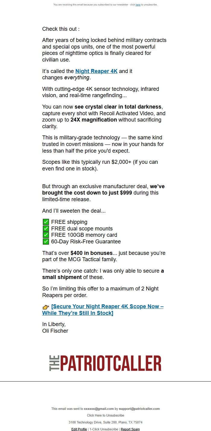 Screenshot of the email generated on import