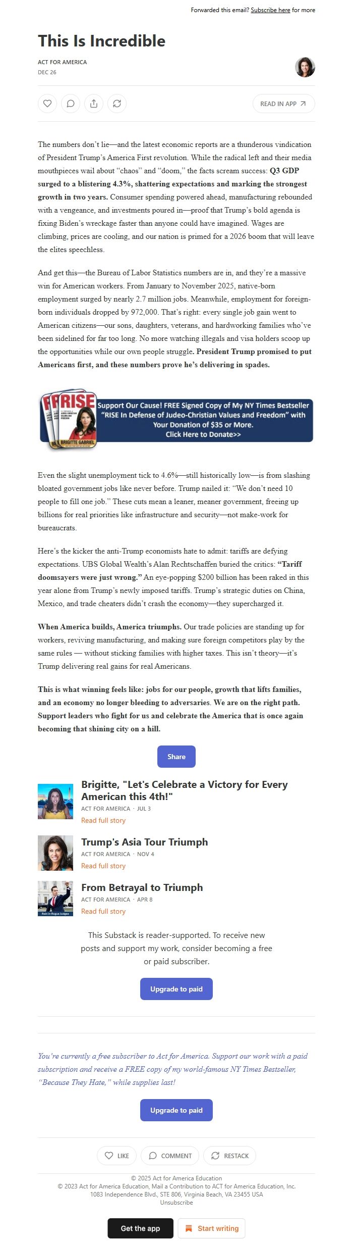 Screenshot of the email generated on import