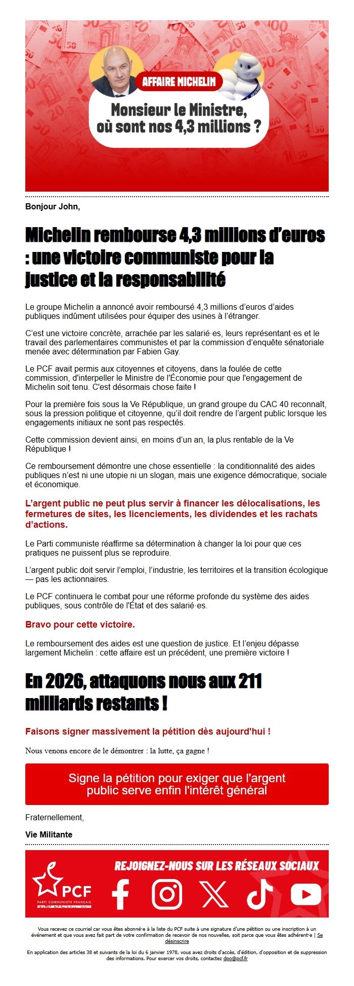 Screenshot of the email generated on import